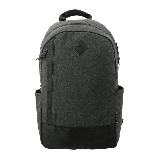 A black and grey laptop backpack featuring a branding logo and multiple compartments for organisation.