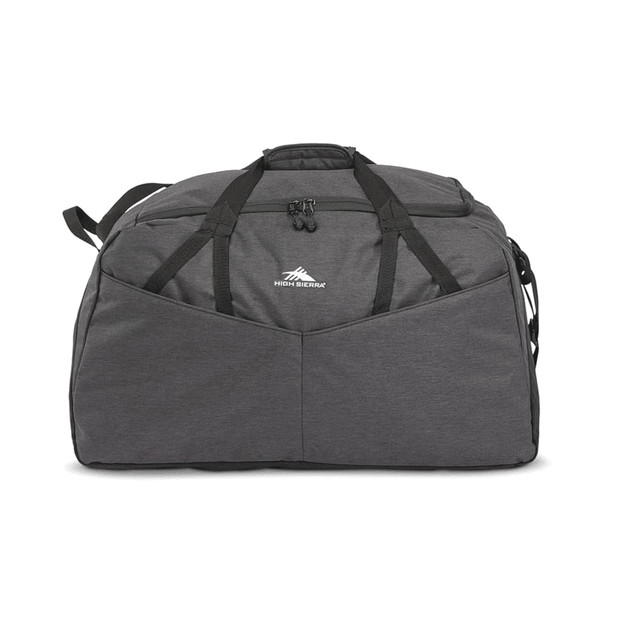 A grey duffel bag with a logo, featuring dual handles and adjustable straps for versatile carrying.