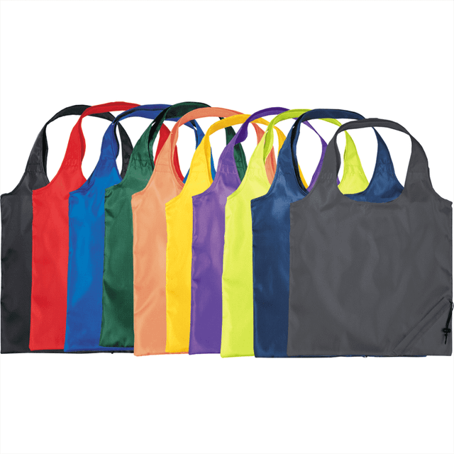 A collection of foldable tote bags in various colours, featuring handles and a small storage pocket.