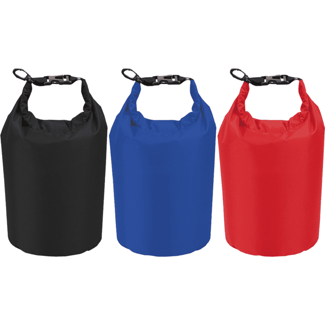 Three waterproof outdoor bags in black, blue, and red, featuring adjustable tops and clips, with a logo present.