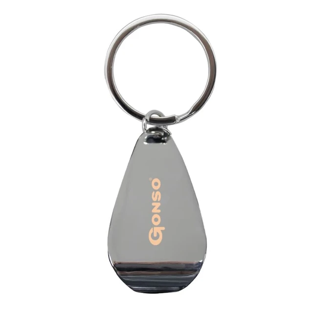 A silver keychain in a teardrop shape with a logo on one side.