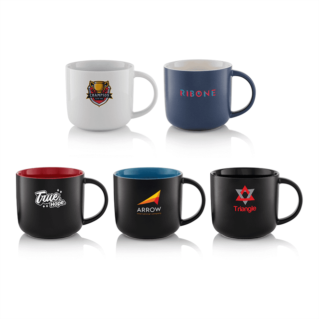 A collection of coffee mugs in white, navy, black, and red, featuring various logos.