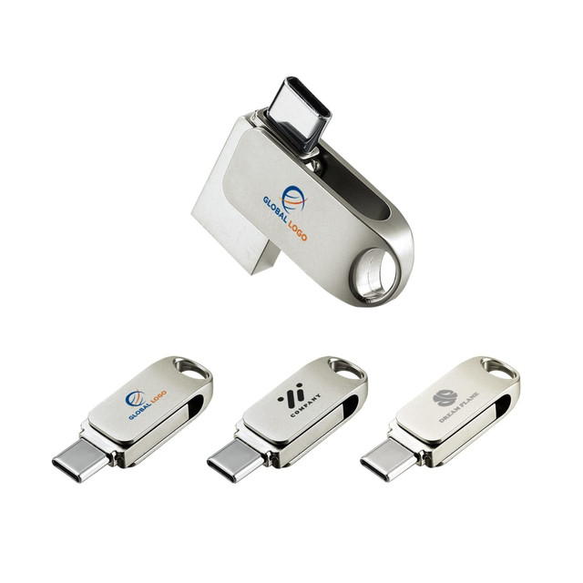 A silver Type-C flash drive with a swivel design and various logos displayed on the surface.