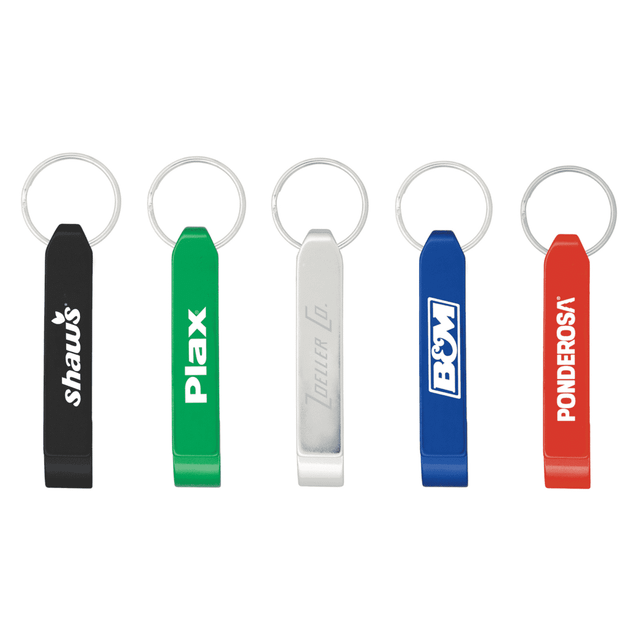 A collection of five bottle openers in black, green, silver, blue, and red, each with a keyring attachment and branding.