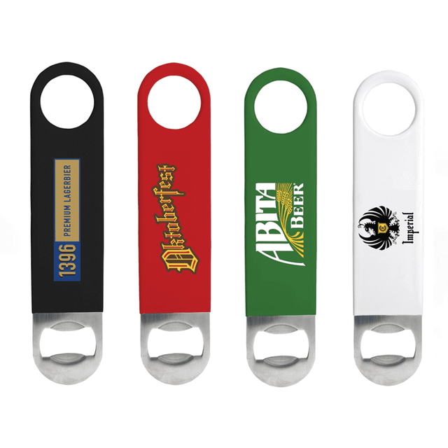A drink bottle opener set featuring black, red, green, and white designs with metal opening ends and various logos.
