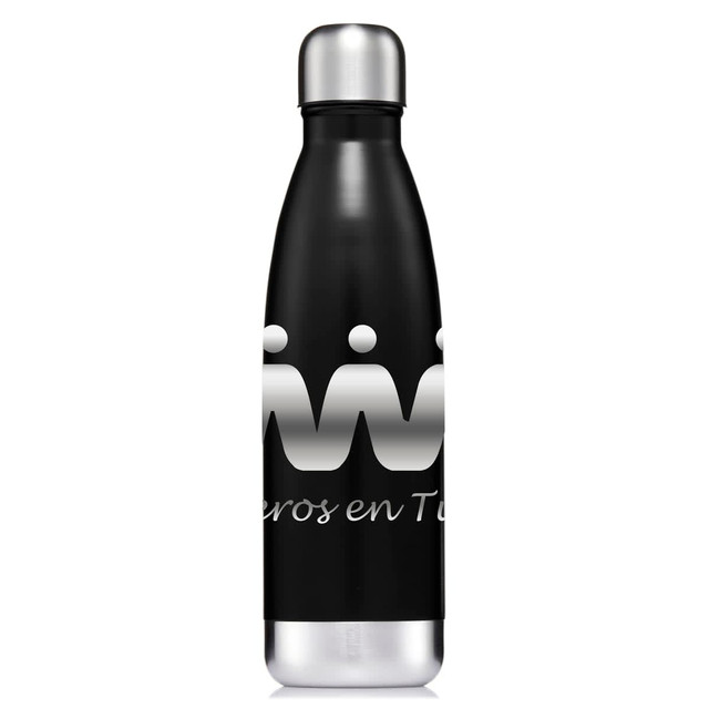 A drink bottle in black stainless steel with a metallic silver cap and a logo on the side.