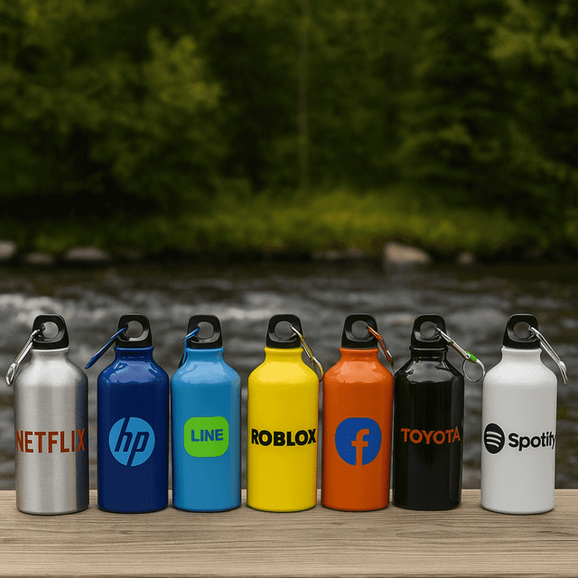 A drink bottle collection featuring silver, blue, yellow, orange, black, and red bottles with various logos.