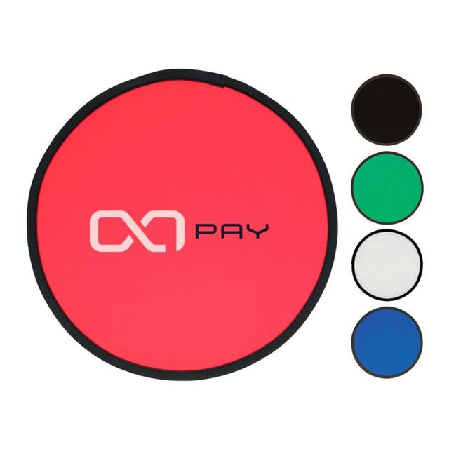 A red fold-up flying disc is displayed, alongside black, green, white, and blue options. The disc features a logo.