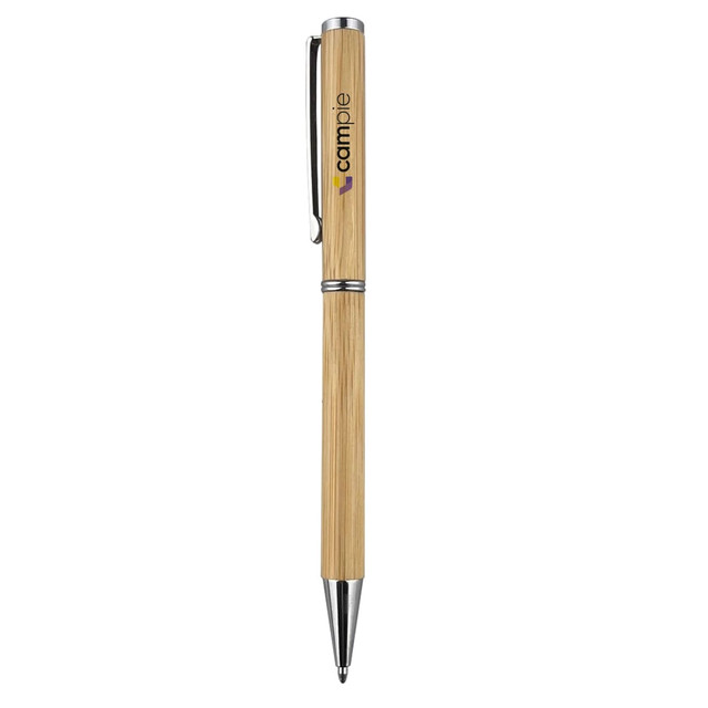 A bamboo pen with a silver clip and accents, featuring a logo on its barrel.