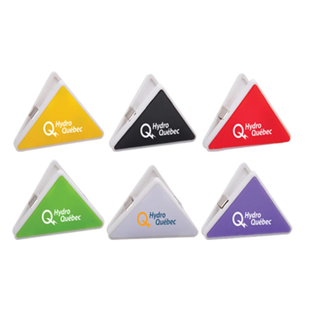A set of six triangular clipboards in black, red, purple, green, and white, featuring a logo on each.