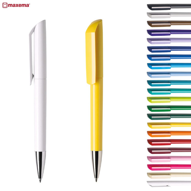 Two plastic pens in white and yellow are displayed, accompanied by a variety of pens in different colours on the right.