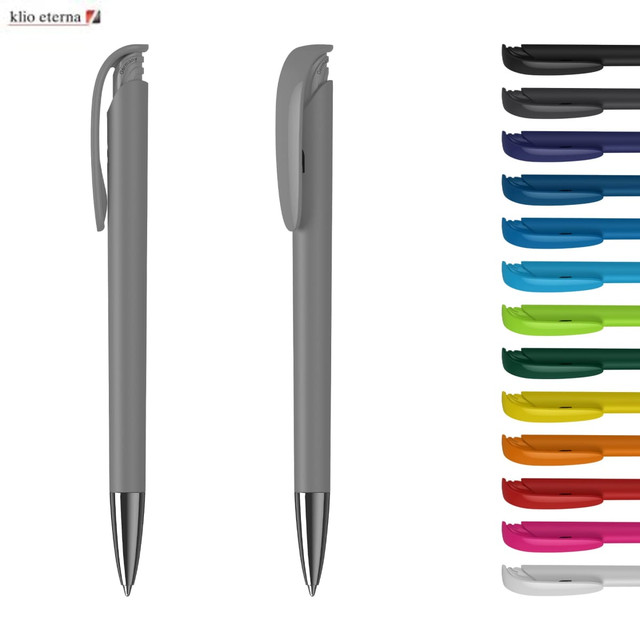 A metal pen in grey, featuring a clip and a glossy finish, alongside various colour options on the right.