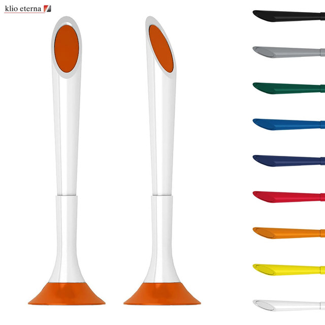 A set of plastic pens in various colours, featuring a unique design with orange accents and a logo.