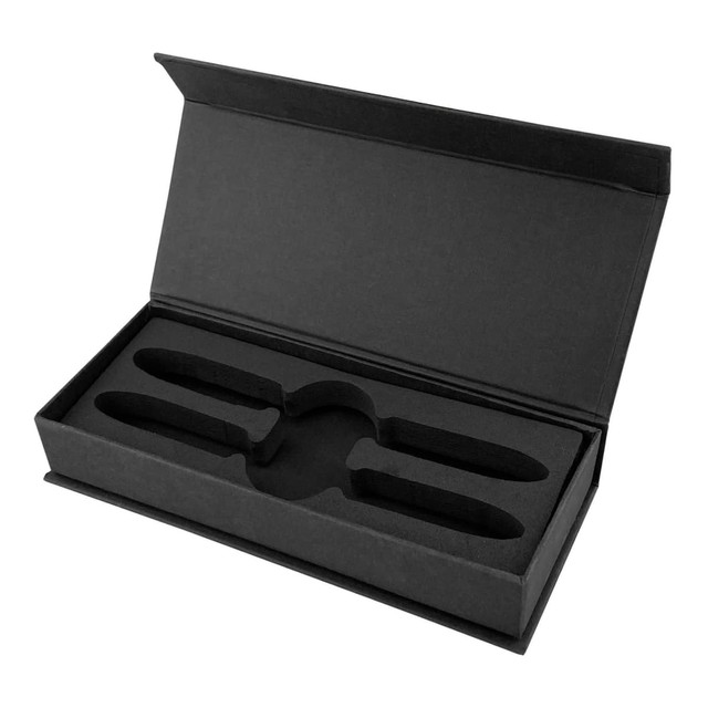 A black pen packaging box with a soft interior, designed to hold two pens securely. It features a hinged lid.