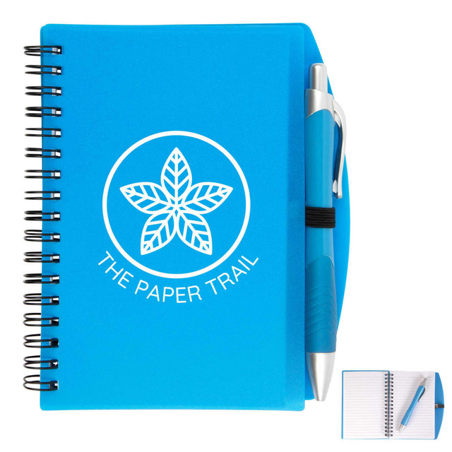 A blue spiral notebook with a pen attached, featuring a logo on the cover and lined pages inside.