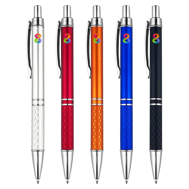 A selection of five plastic pens in silver, red, orange, blue, and black with a logo on each.