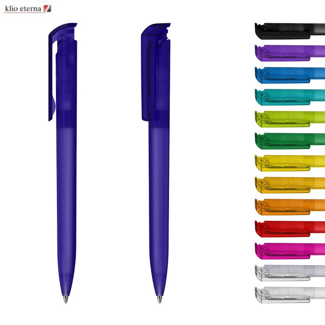 A selection of transparent plastic pens in various colours, featuring a logo on the top. Two pens are prominently displayed in blue.