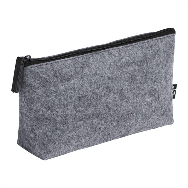 A grey recycled felt zippered pouch with a black zipper, featuring a logo on the side.