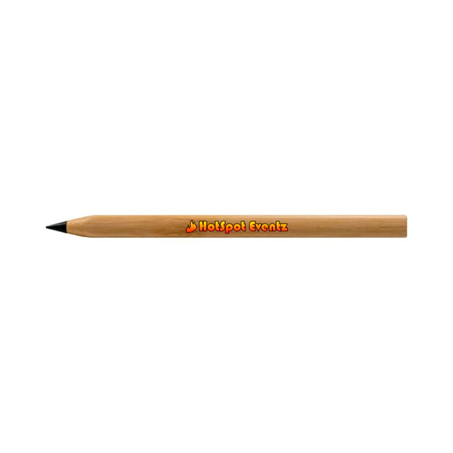 A bamboo pen with a black nib, featuring a logo in orange and black on its side.