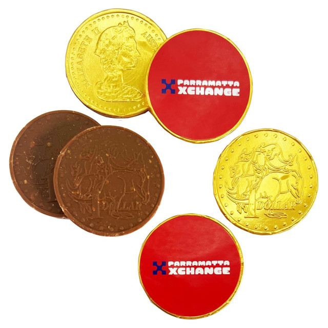 A selection of chocolate coins in gold and brown, featuring round shapes with a branded logo on one side.