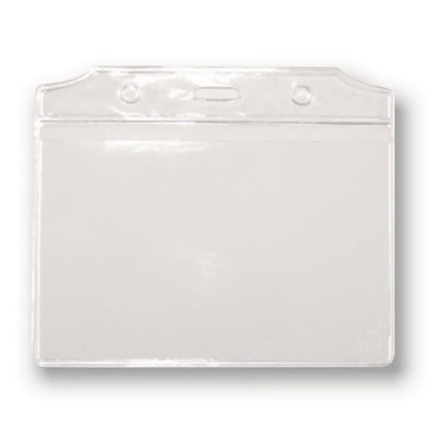 A clear PVC card holder with a top slot and two holes for attachment, suitable for displaying cards.