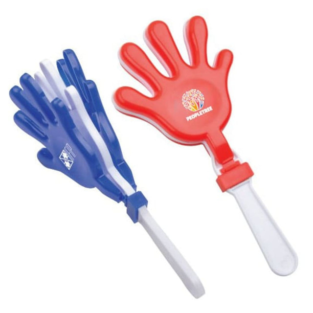 A red and blue hand clapper product with a white handle, featuring a logo on the red side.