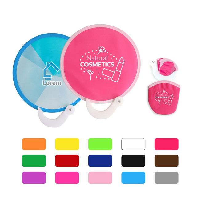 A 20cm foldable fan in blue and pink, with a matching pouch, available in various colours. The fan features branding.
