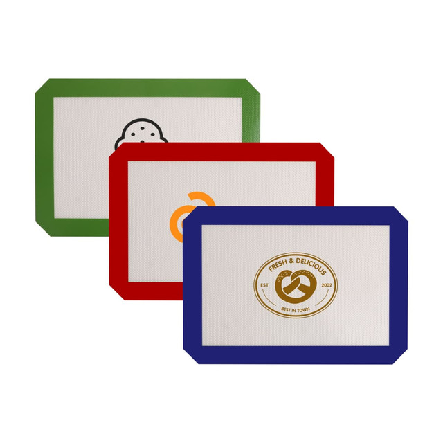 Three silicone baking mats in green, red, and blue, featuring various designs and a logo on one mat.