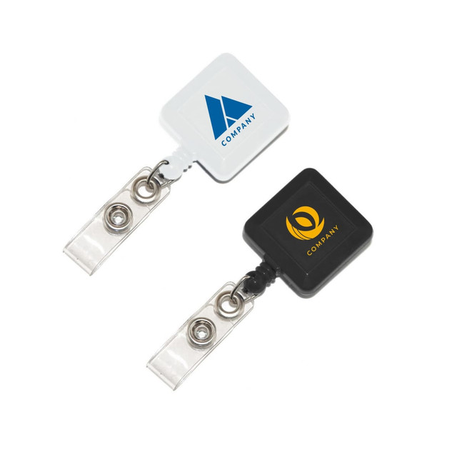 A square retractable card holder in white and black, featuring two logos and a clear strap for attachment.