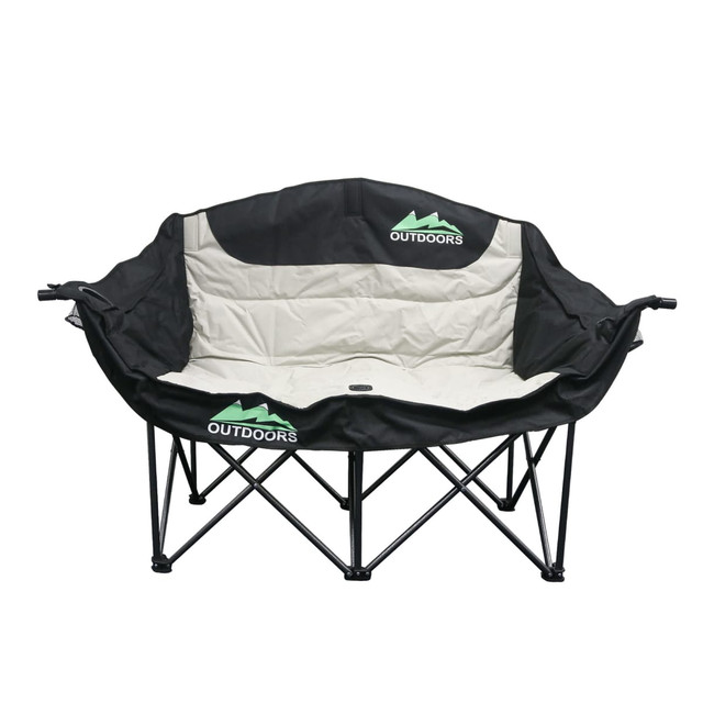 A double foldable portable camping chair in black and light grey with a logo. It features a sturdy frame and ample seating.