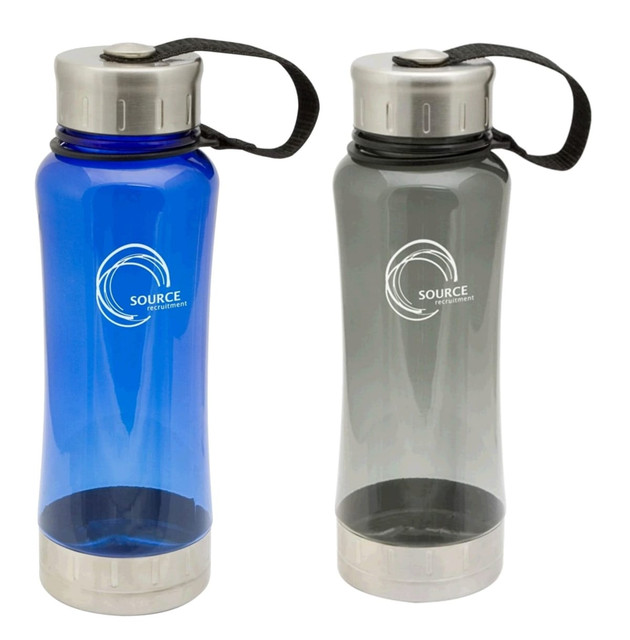 A drink bottle set featuring a blue bottle and a grey bottle, both with metal caps and a logo.