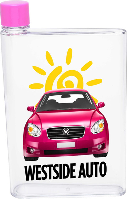 A drink bottle in clear plastic with a pink cap, featuring a graphic of a pink car and a sun design.
