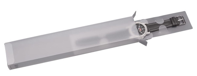 A transparent watch box in grey, featuring a sleek design with a watch partially visible inside.