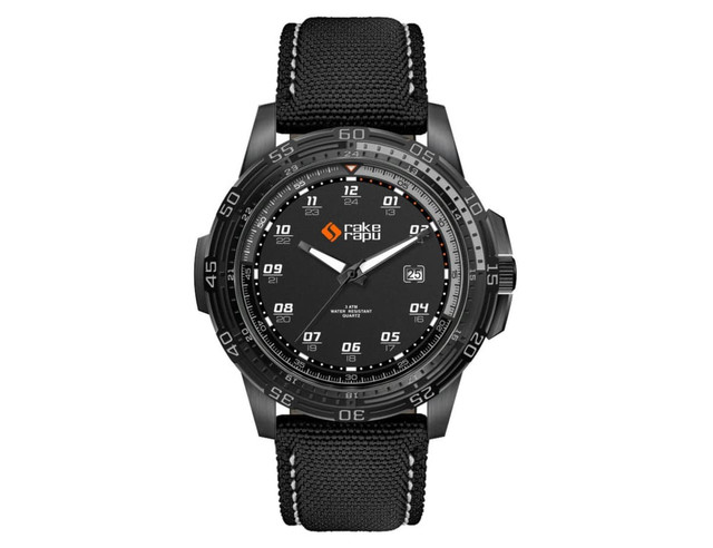 A black sports watch featuring a rPET strap, with a black dial and silver accents, including a logo on the strap.