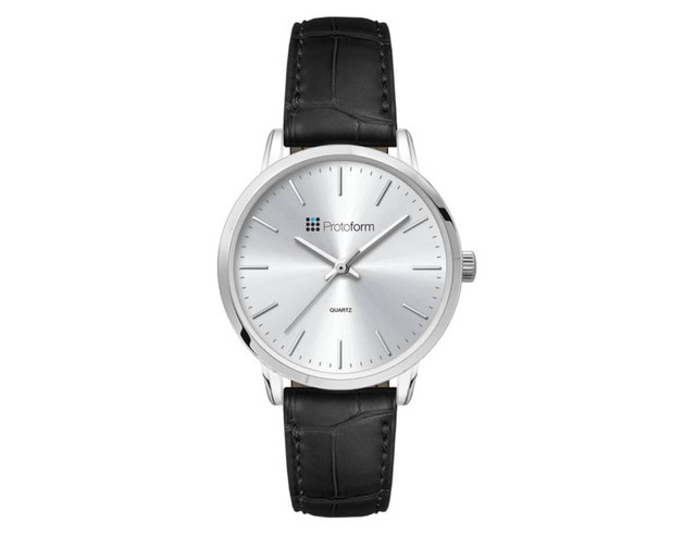 A ladies dress watch featuring a silver dial, black leather strap, and a logo on the face.