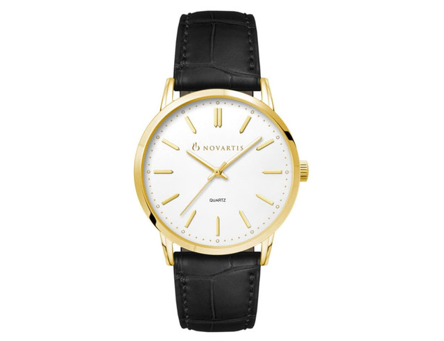 A men's dress watch featuring a gold case, white dial, and a black leather strap. It has a logo on the dial.