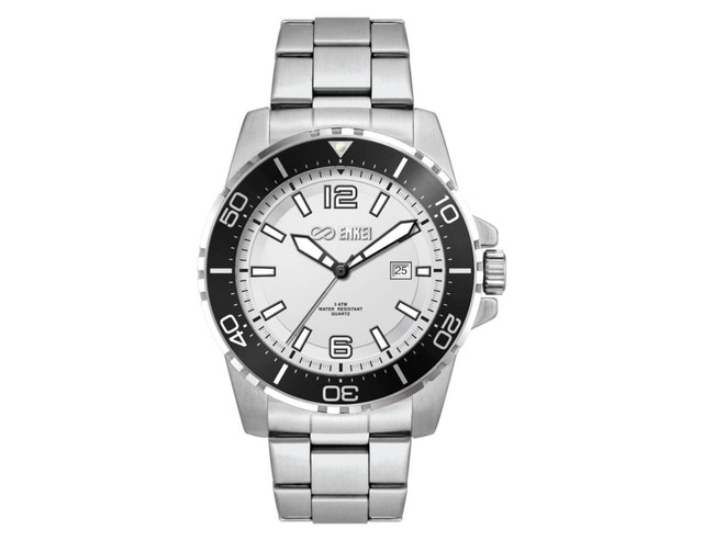 A stainless steel sports watch featuring a white dial, black accents, and a date display with a branded logo.