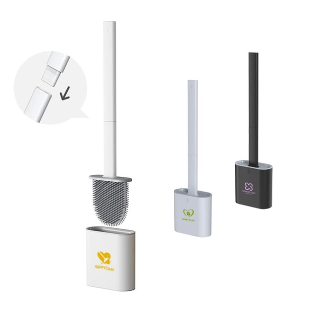 A collection of silicone toilet brushes in white, black, and grey holders, featuring a logo on the holders.