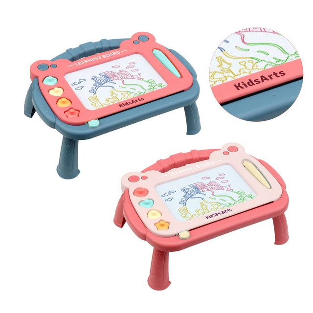 A magnetic drawing board with a stand featuring blue and pink colours, a logo, and various buttons for drawing.