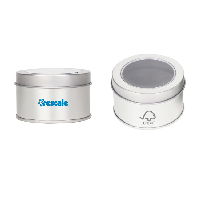 A small silver tin can with a clear lid, featuring a logo on one side and an FSC logo on the other.