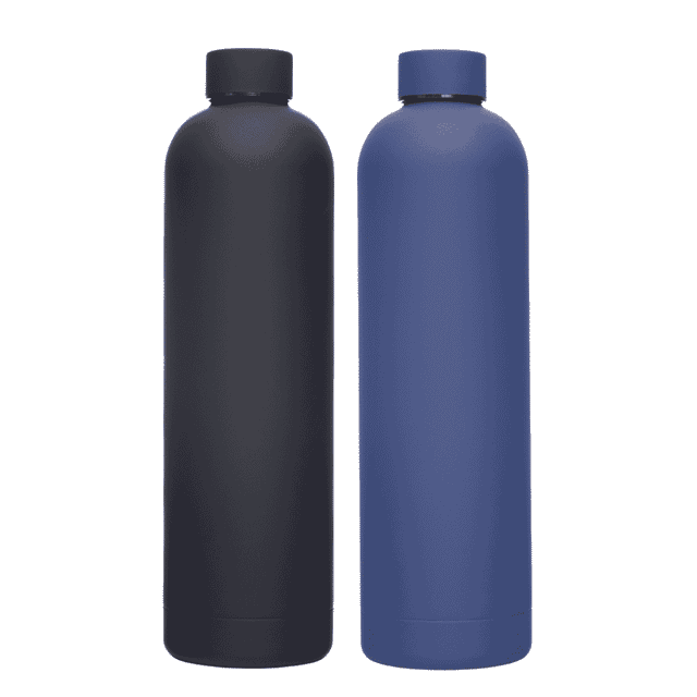 A drink bottle set featuring a matte black and a matte blue 1L vacuum bottle, both with a logo.
