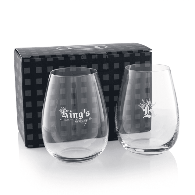 A twin pack of stemless wine glasses, clear glass with a black patterned box and a logo on each glass.