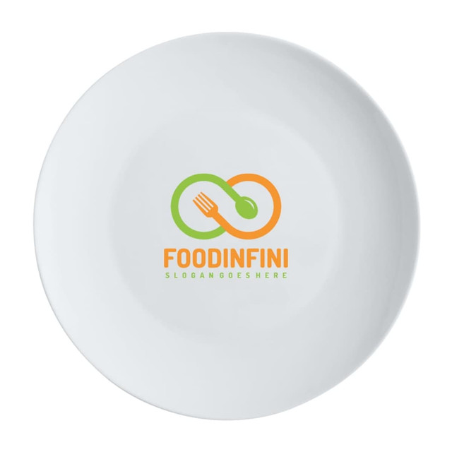 A white coupe entree plate featuring a circular design and a logo in green, orange, and yellow.