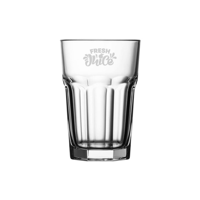 A drink bottle made of clear glass with a textured design and a logo at the top featuring the word "Fresh Juice."
