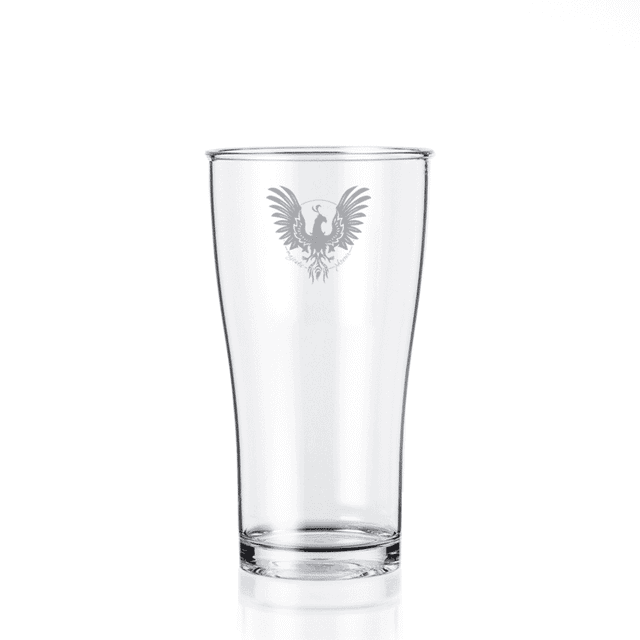A clear beer glass with an engraved design of a phoenix, featuring a sleek, tall shape.