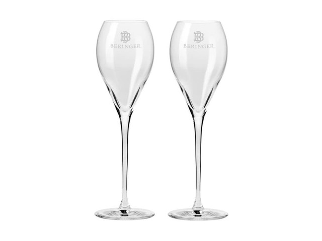 A set of two clear glass flutes with etched branding, featuring elegant stems and a sleek design.