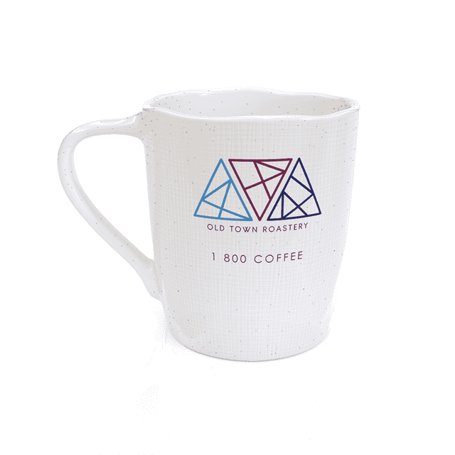 A coffee mug in speckled white with a handle and a branding logo on the front.