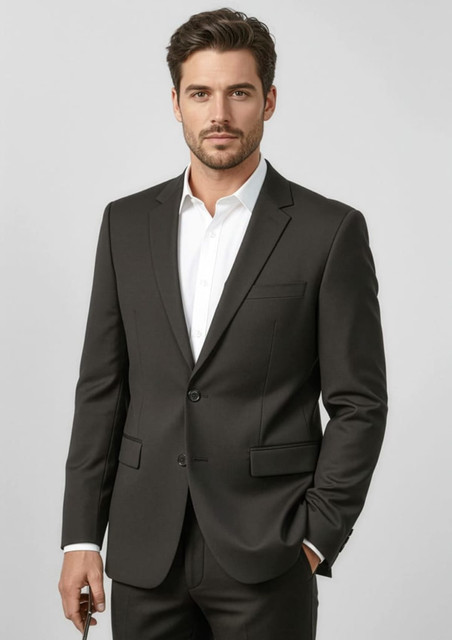A black classic jacket features a single-breasted design and a notch lapel, worn by a model with a white shirt.