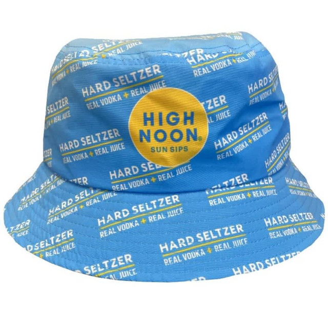A blue sublimation printed bucket hat featuring a repeating pattern and a logo.
