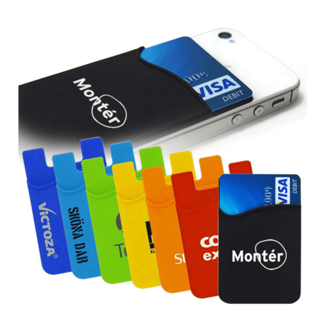 A selection of colourful silicone mobile pockets holding cards, designed to adhere to phones, featuring a logo.